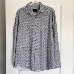 Bugatchi OoohCotton Tech Shirt Large Blue Floral 8 Way Stretch Button Up